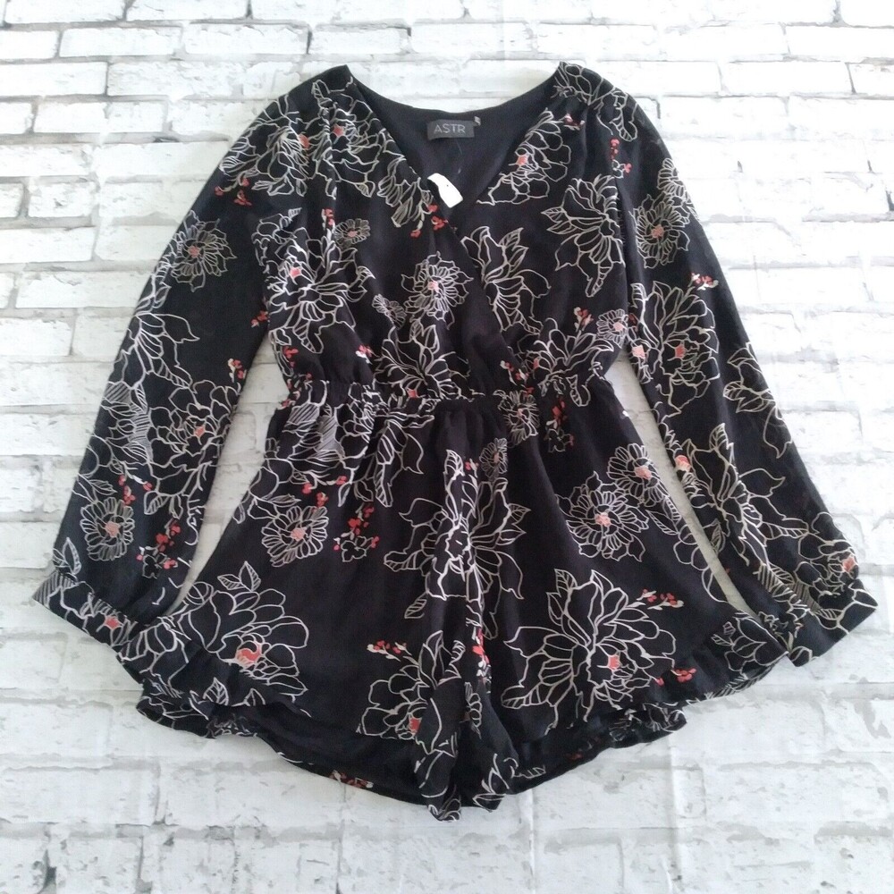 Astr Womens Romper Small Black Floral Long Sleeve V Neck Lined Elastic Waist